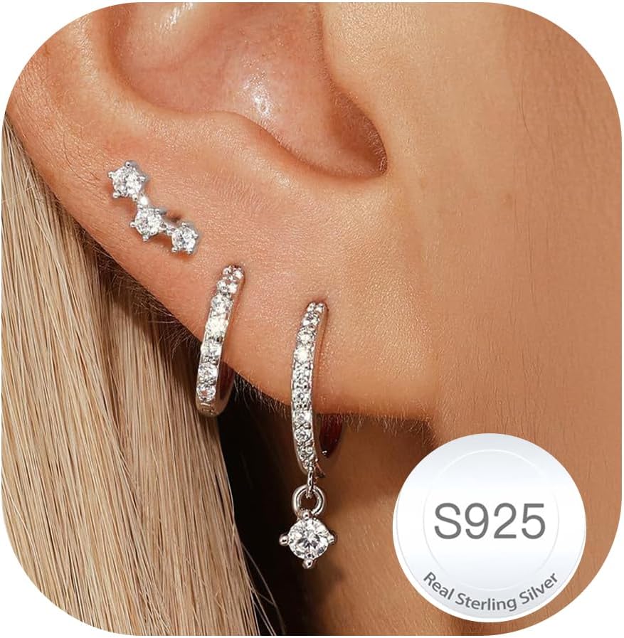 3 Pairs 925 Sterling Silver Studs Hoop Earrings Set for Women 14K Gold