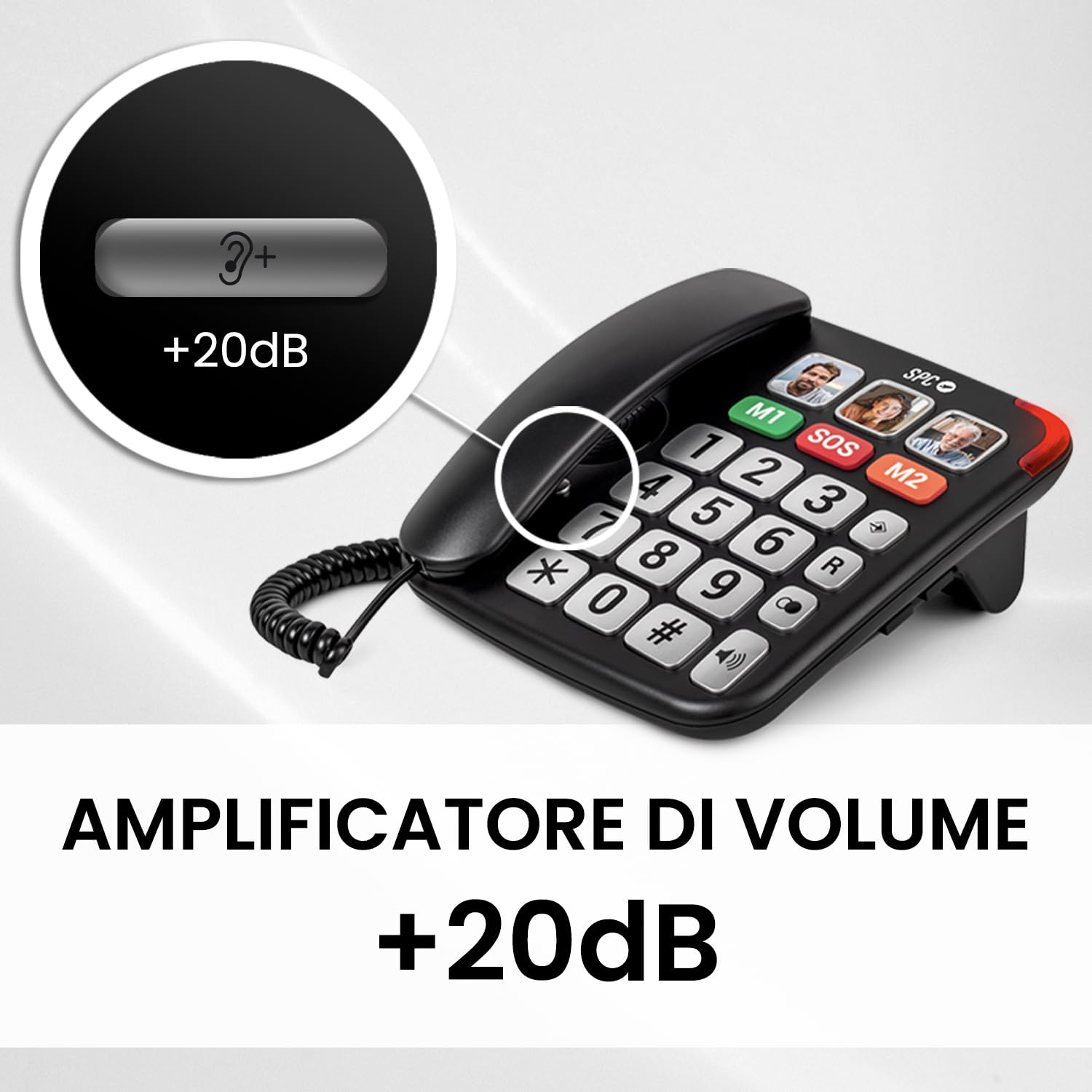 SPC Comfort Numbers Pro – Telefono fisso per anziani con tasti grandi e suoneria forte | Volume chiamata amplificabile +20dB | 6 memorie dirette, vivavoce | Compatibile con apparecchi acustici - Nero