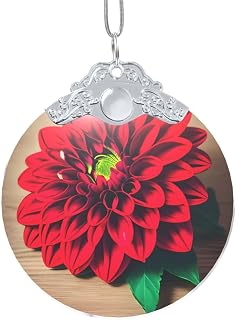 Träskiva retro blomma röd dahlia-tryck rund handgjord glashänge, jubileumspresent och kreativ inomhusdekoration för semestrar