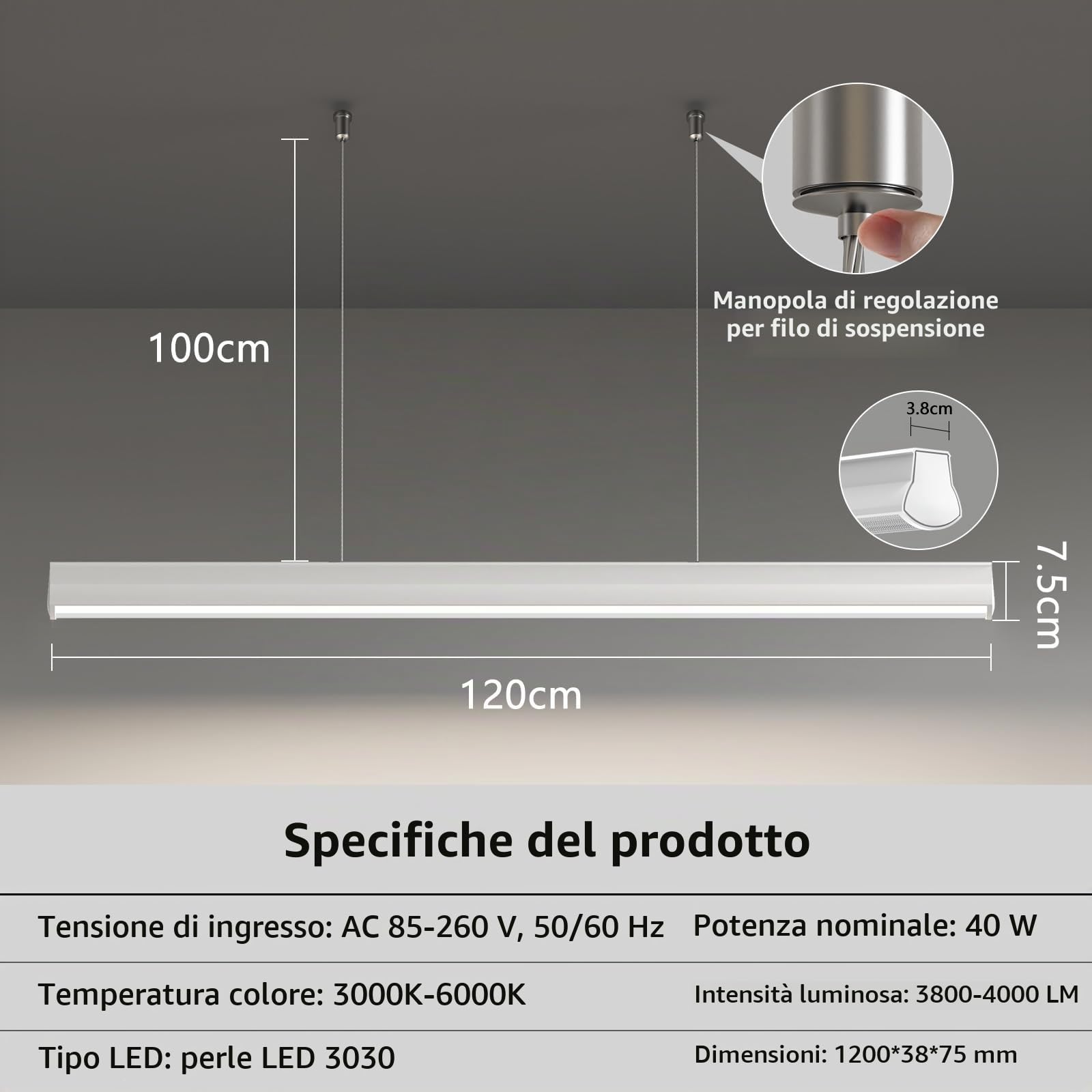 OOWOLF Lampada a Sospensione LED con Telecomando, Dimmerabile 3000K-6000K, 120 cm Funzione Memoria, Altezza Regolabile – Ideale per Tavolo da Pranzo, Ufficio e Soggiorno