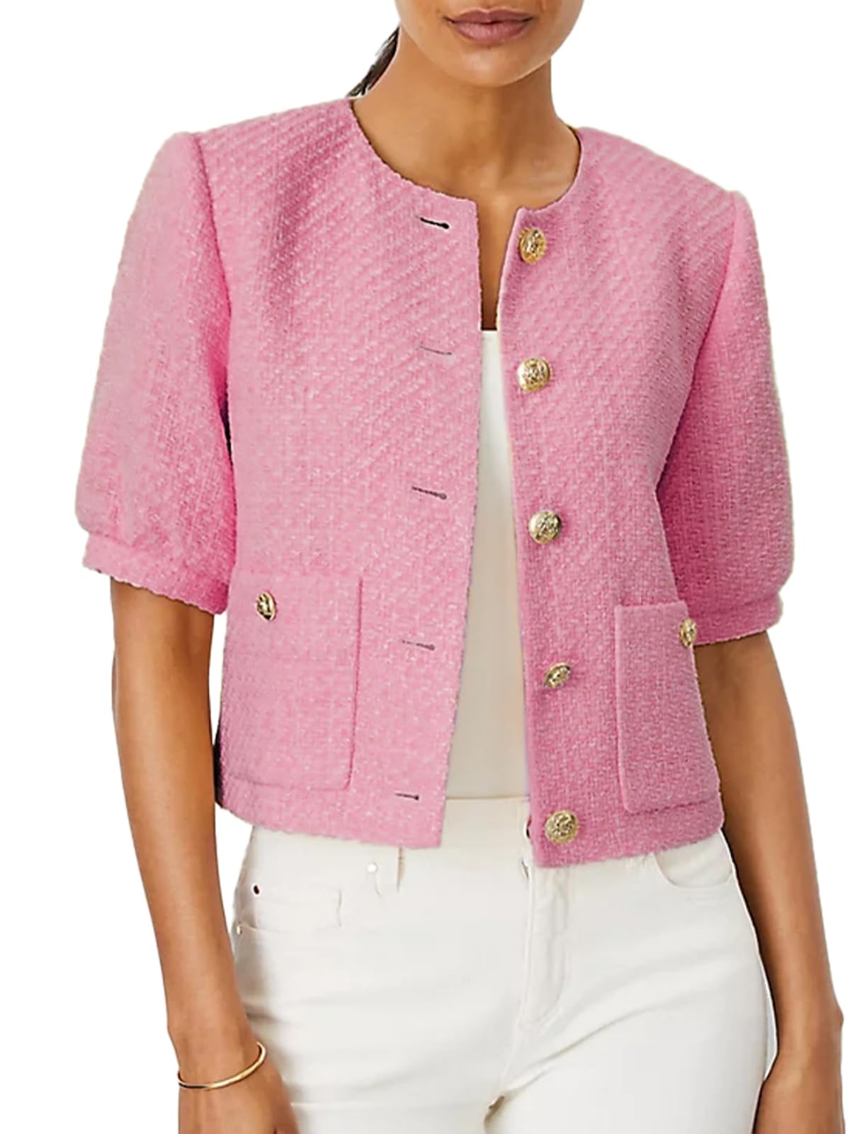 lifeshe Puff Short Sleeve Tweed Jacket Women Cropped Jackets Summer Open Front Office Work Blazer Coat-picture-19
