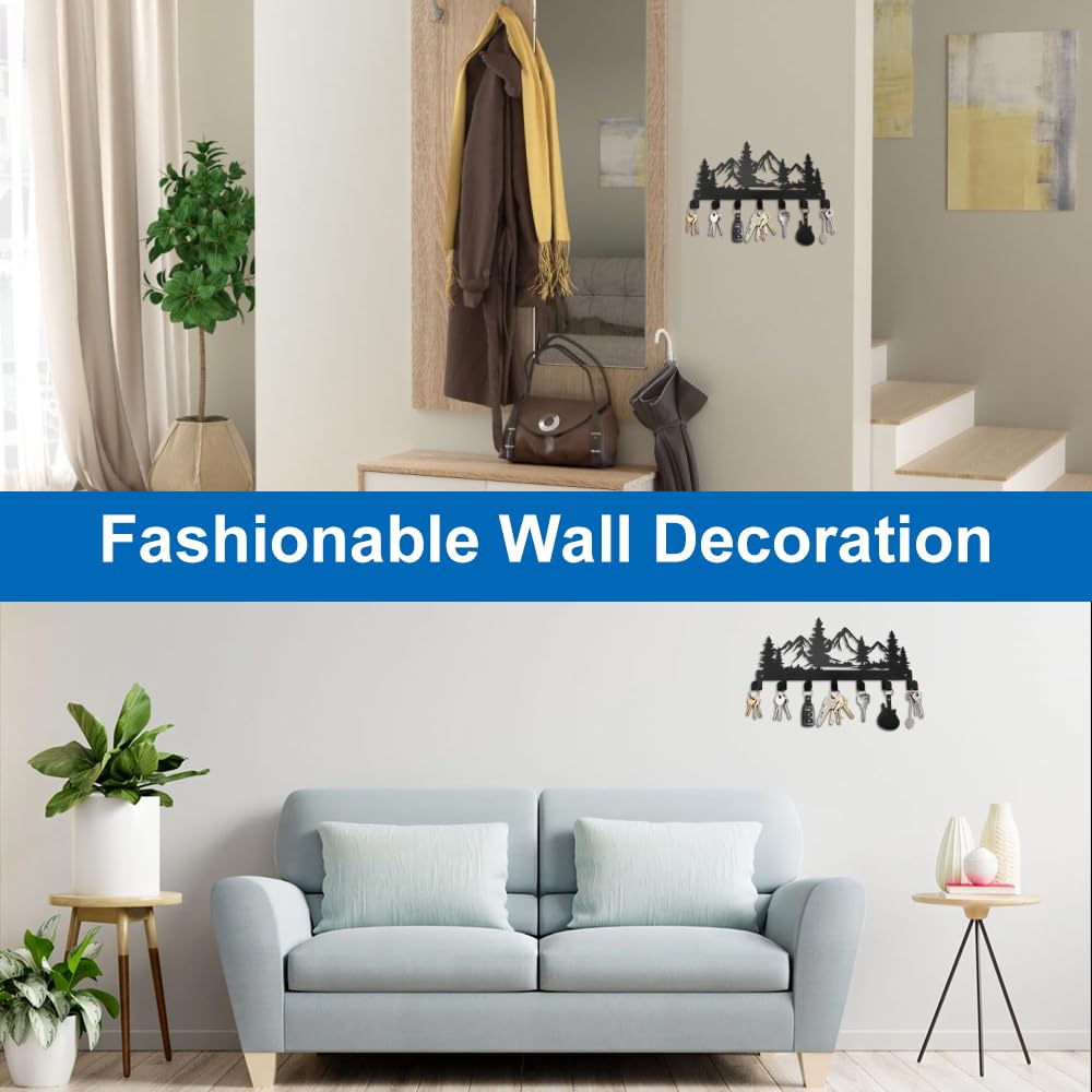 Colgador de Llaves de Pared, 27 x 12.8 cm Soporte para Llaves de Metal con 7 Ganchos, Negro Llavero de Pared Multifuncional, para Cocina, Entrada, Pasillo, Oficina y Dormitorio (Montaña de Nieve)