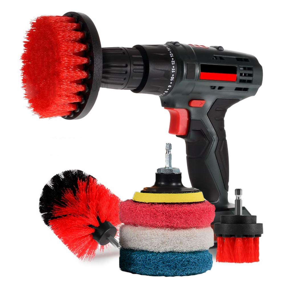 EZ Scrub Drill Brush And Pad Bundle Set - High Performance Accessory Drill Attachments For Deep Cleaning - Multi Use - Bathroom, Grout, BBQ, Tile, Brick, Tires, Kitchen, Carpet, Boats, RV's (Red)
