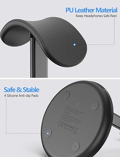 Miniatura 5 de Miroddi Soporte para auriculares, soporte para auriculares con cargador inalámbrico, soporte para auriculares de escritorio para juegos con puertos