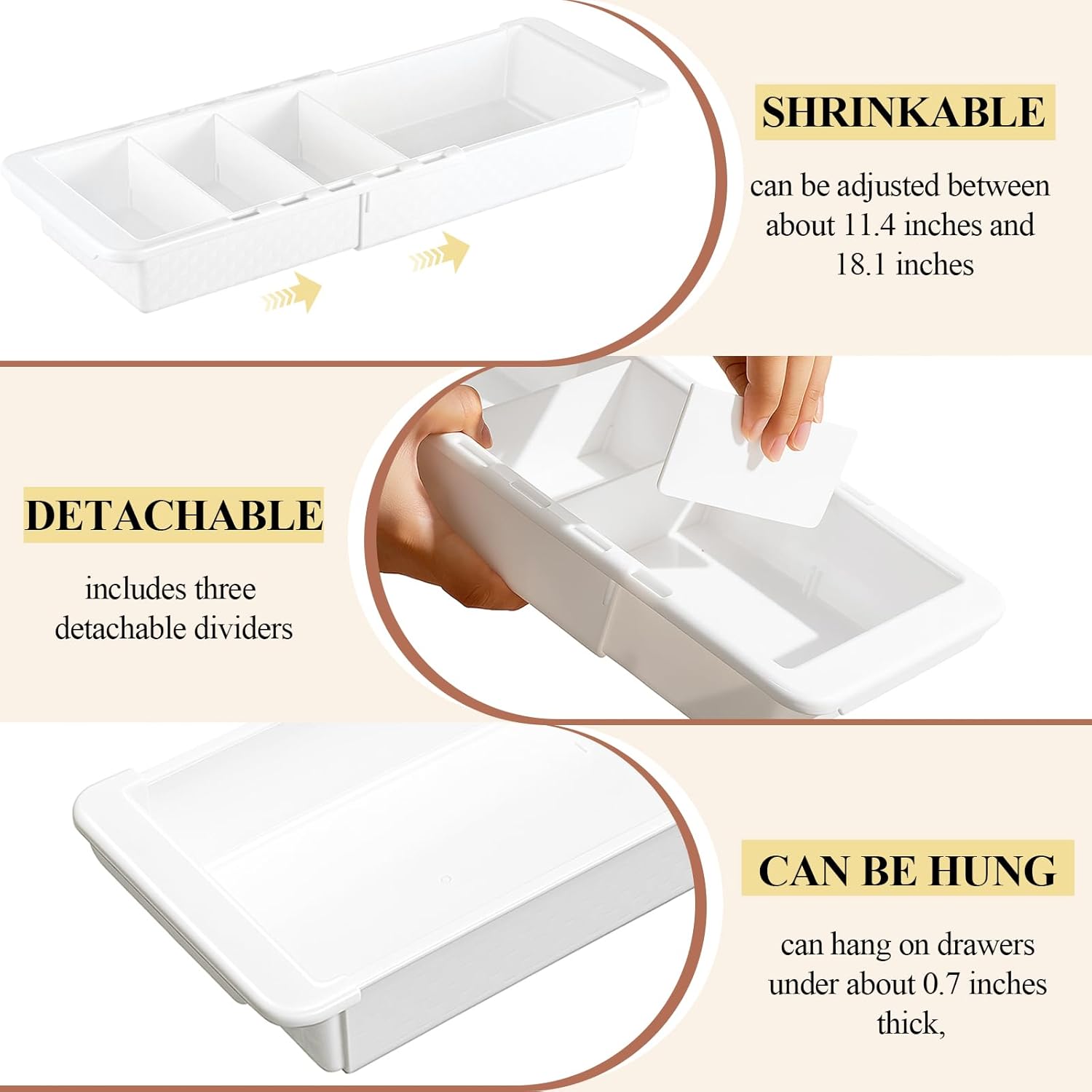 4 Pcs Expandable Drawer Organizer Bins Adjustable Deep Drawer Hanging Organizer Tray Expandable 11.4 to 18.1 Inches Plastic Dividers Storage for Office Bathroom Bedroom Kitchen Desk, White