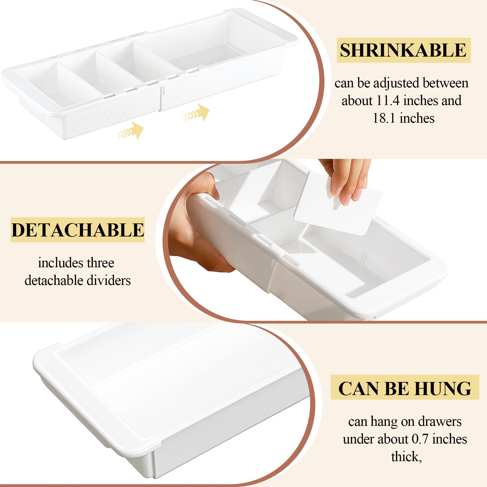 4 contenitori espandibili per cassetti, regolabili, profondi, da appendere, vassoi espandibili da 20 a 46 cm, divisori in plastica per ufficio, bagno, camera da letto, cucina, scrivania
