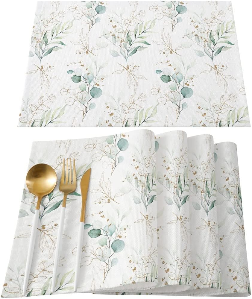 Watercolor Eucalyptus Leaves Table Runner for Wedding Banquet Home Festival Party Dinning Table Decoration Table Runner(4pcs Table mat)