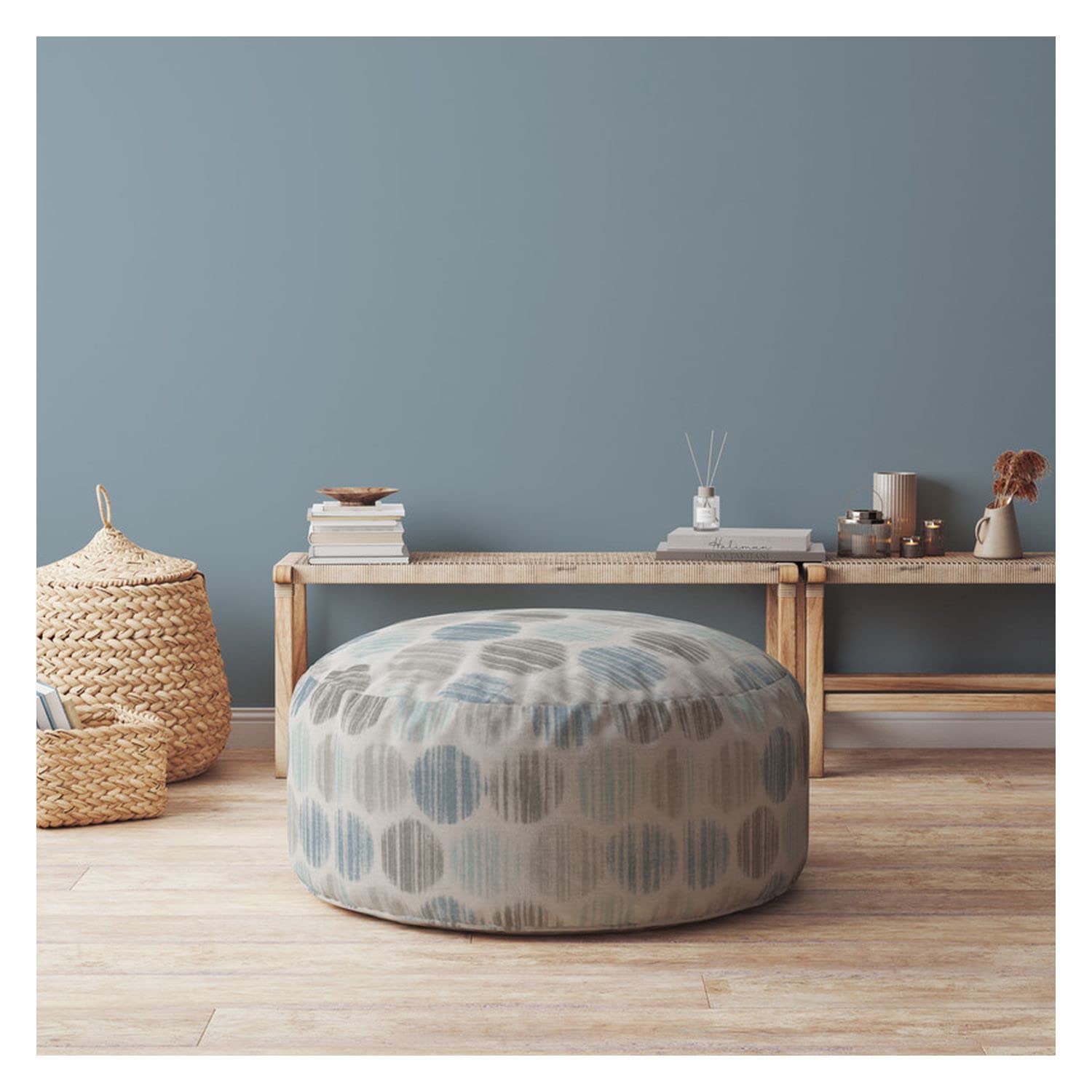 24" Blue and Grey Flax Round Polka Dots Pouf Ottoman