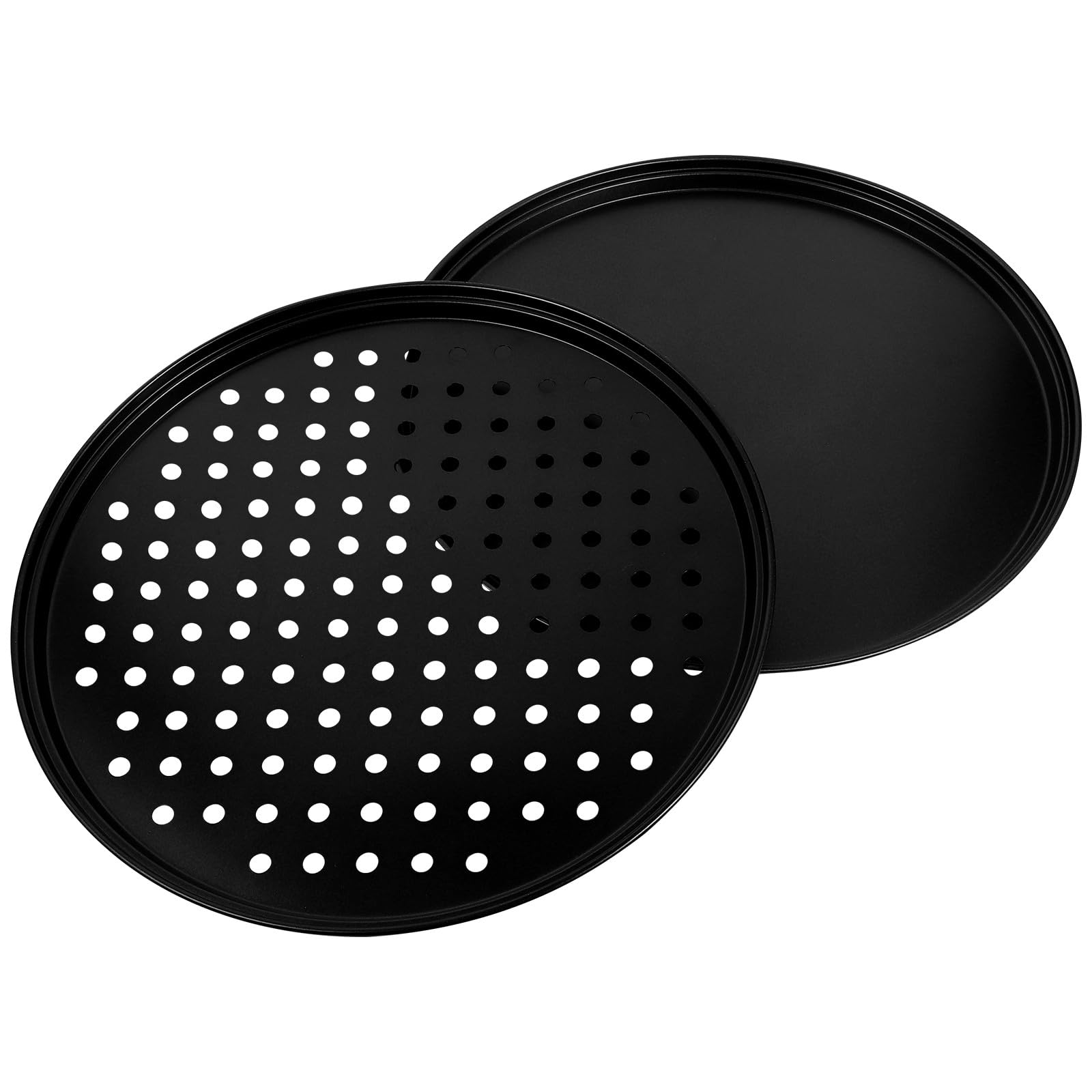Ipetboom Ensemble de Moules à Pâtisserie pour Pizza 2pcs en Acier Carbone Noir Revêtement Antiadhésif, Plaques Perforées et Lisses pour Cuisson Professionnelle Rapide