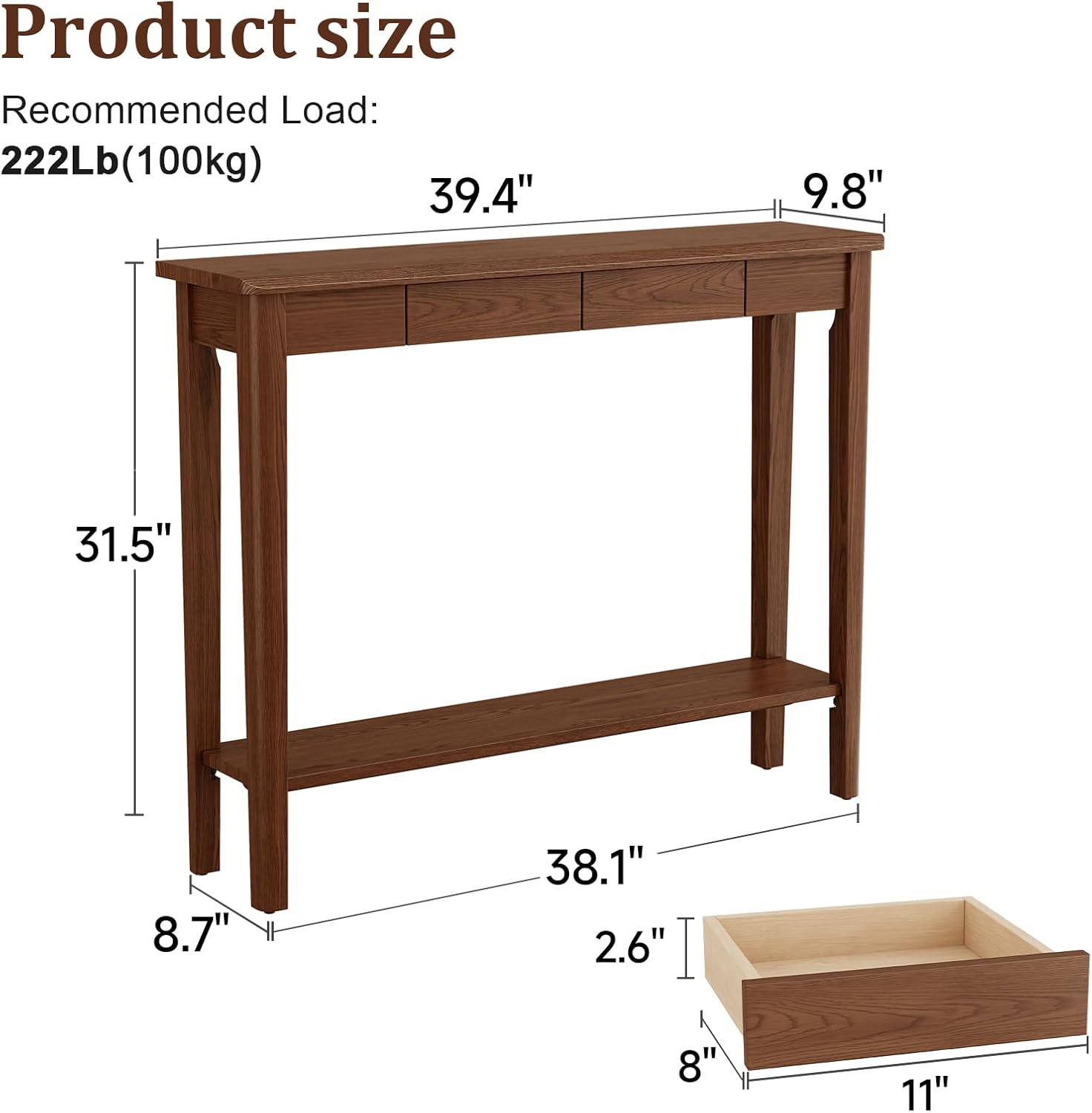 AQIMUELE Wood Console Table with Drawers, Mid Century Modern Console Table Walnut for Entryway, Living Room, Hall Way.
