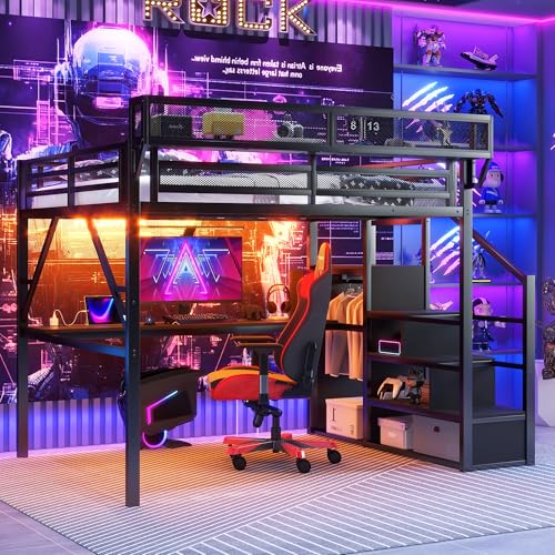 Duxelifin Queen Size Loft Bed with Desk & LED Lights,