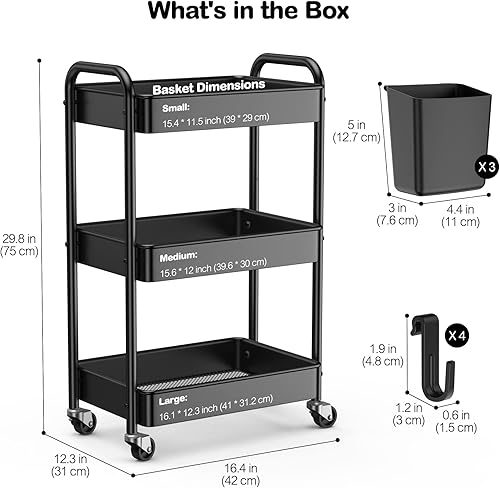 Miniatura 7 de YASONIC - Carrito con ruedas de 3 niveles, de metal, con capacidad de 66 libras, organizador de almacenamiento de malla con ruedas bloqueables y