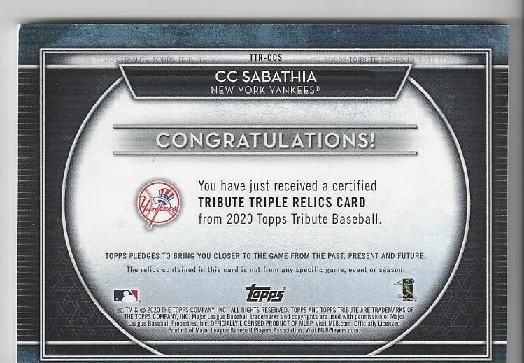 C.C. Sabathia Serial Numbered #19/25 Black Parallel Topps Tribute Triple Relics Game Used Memorabilia Relic Jersey Parallel Collectible Baseball Card - 2020 Topps Tribute Collection Baseball Card #TTR-CCS (Yankees) Free Shipping