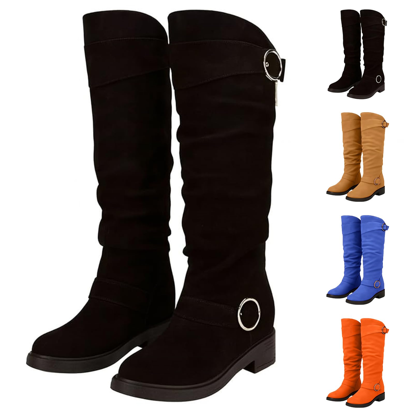 Knee High Dress Boots Women WIde Calf Slouchy Pleated Boots Comfortable Casual Round Toe Low Chunky Heel Ladies