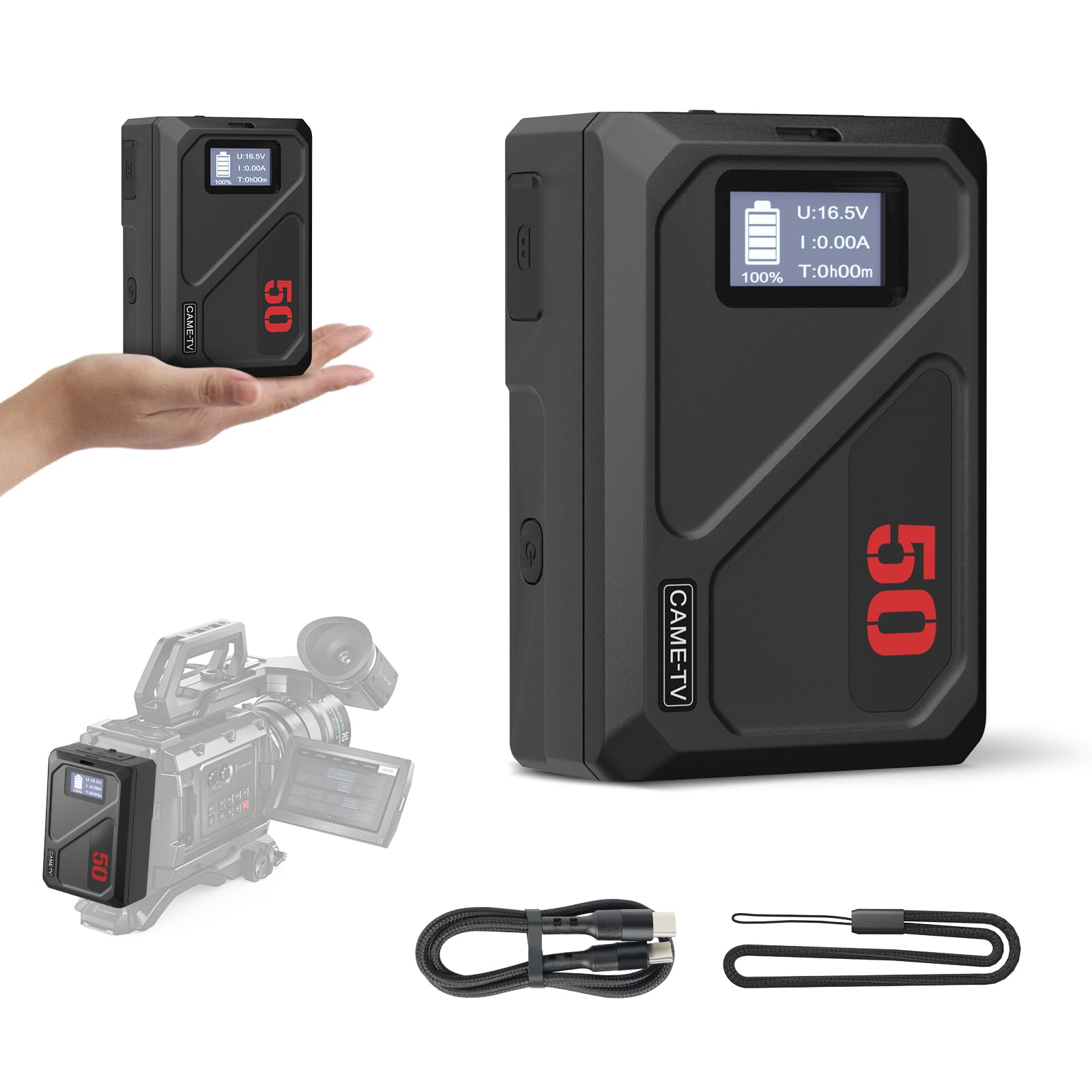 Came-TV MINI50C V-Mount-Akku 3450 MAh 50 Wh 14.4 V, V-Lock Akku Unterstützt 45 W PD USB-C Schnellladung 1 Stunde Mit D Tap/USB A/12 V DC/8.4 V DC/BP/OLED Display Für Kamera, Camcorder, Monitor,Drohnen - View #9