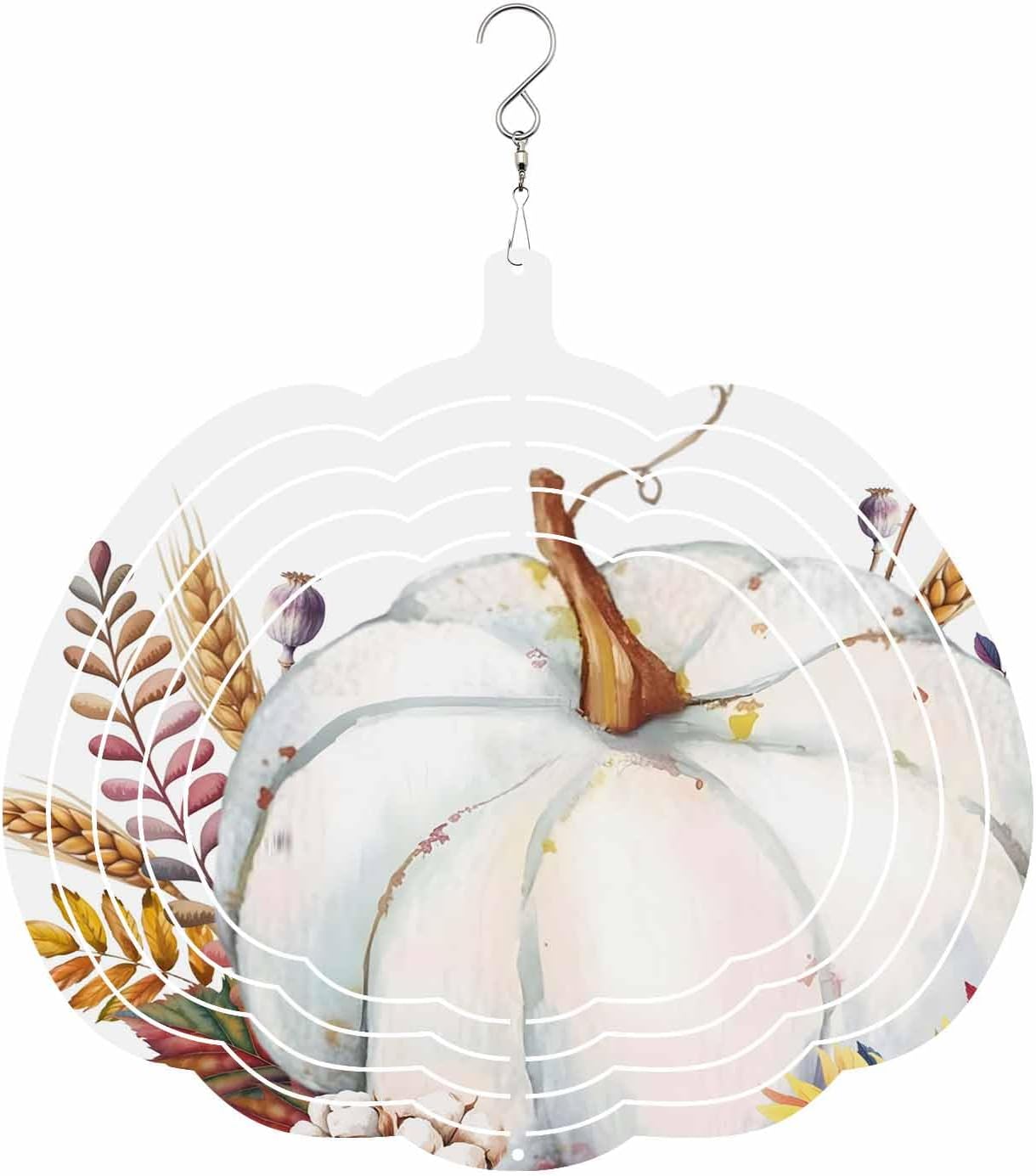 Geometric Texture Wind Spinner 3D Stainless Steel, 12 in Pumpkin Shape Double Sided Circle Hanging Wind Spinners, White Line Art Red Garden Art Wind Sculpture for Yard Porch Front Door
