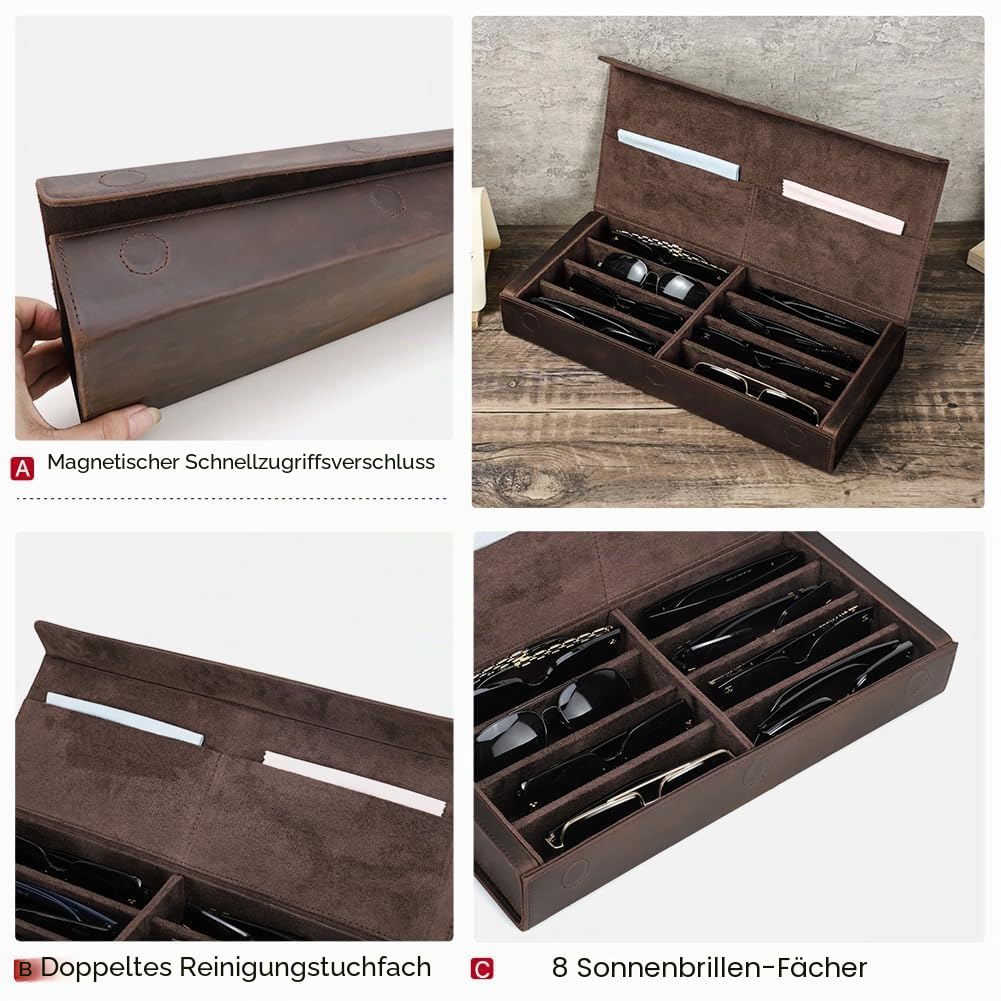 Contacts Brillenbox aus Leder für Herren/Damen, 2/4 Sonnenbrillenhalter, Reiseetui, Brillen-Organizer mit Mikrofaser-Futter und Reinigungstuch-Schlitz
