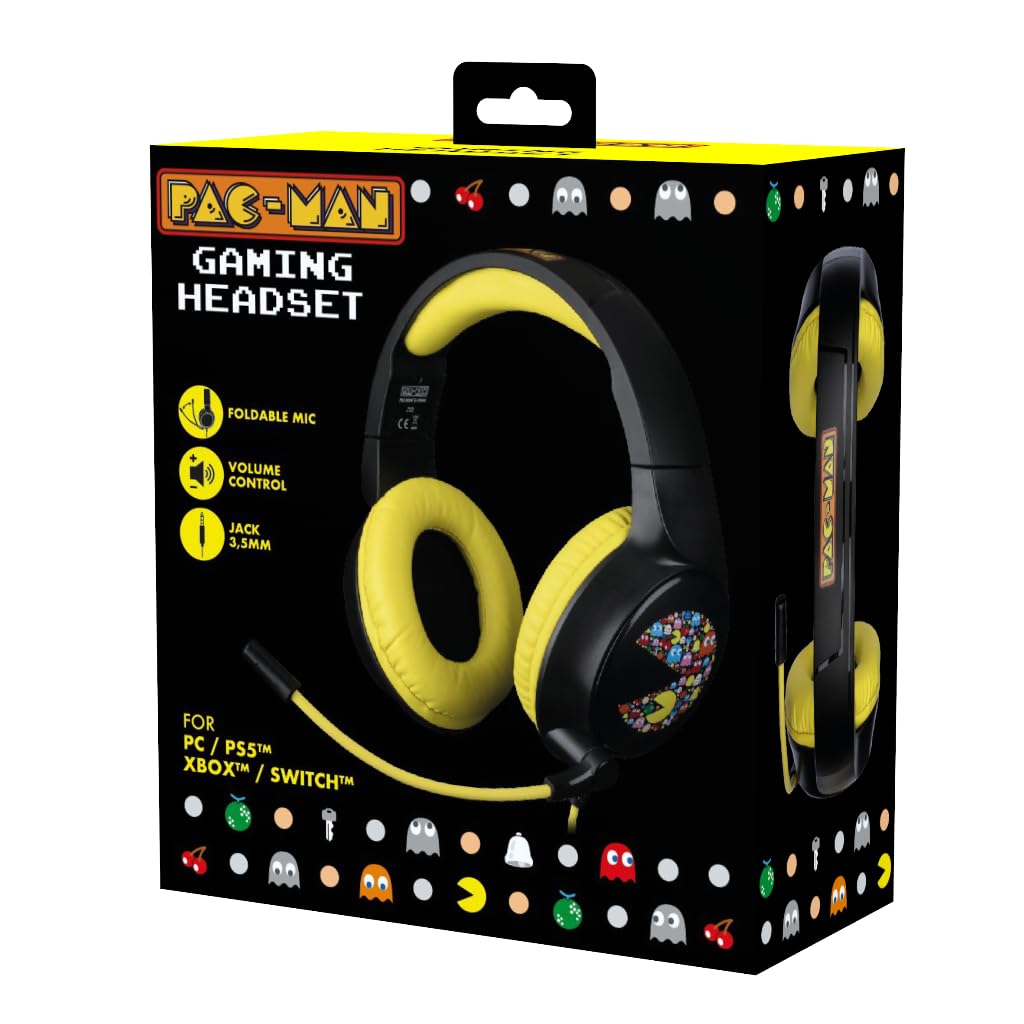 Konix Pac-Man Cuffie gaming circumaurali con cavo PC, PS5, Switch 2, Xbox Series X|S - Microfono 45° - Cavo 1,5 m - Jack 3,5 mm - Nero e giallo