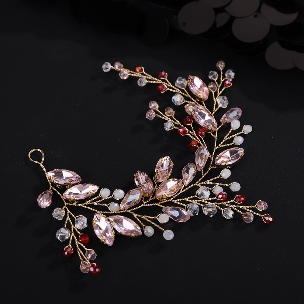 Octwine Bridal Pink Headpiece Handmade Wedding Headband Hair Vine Bead Crystal Rhinestoens Headband Bridal Wedding Hair Accessories - Image 3