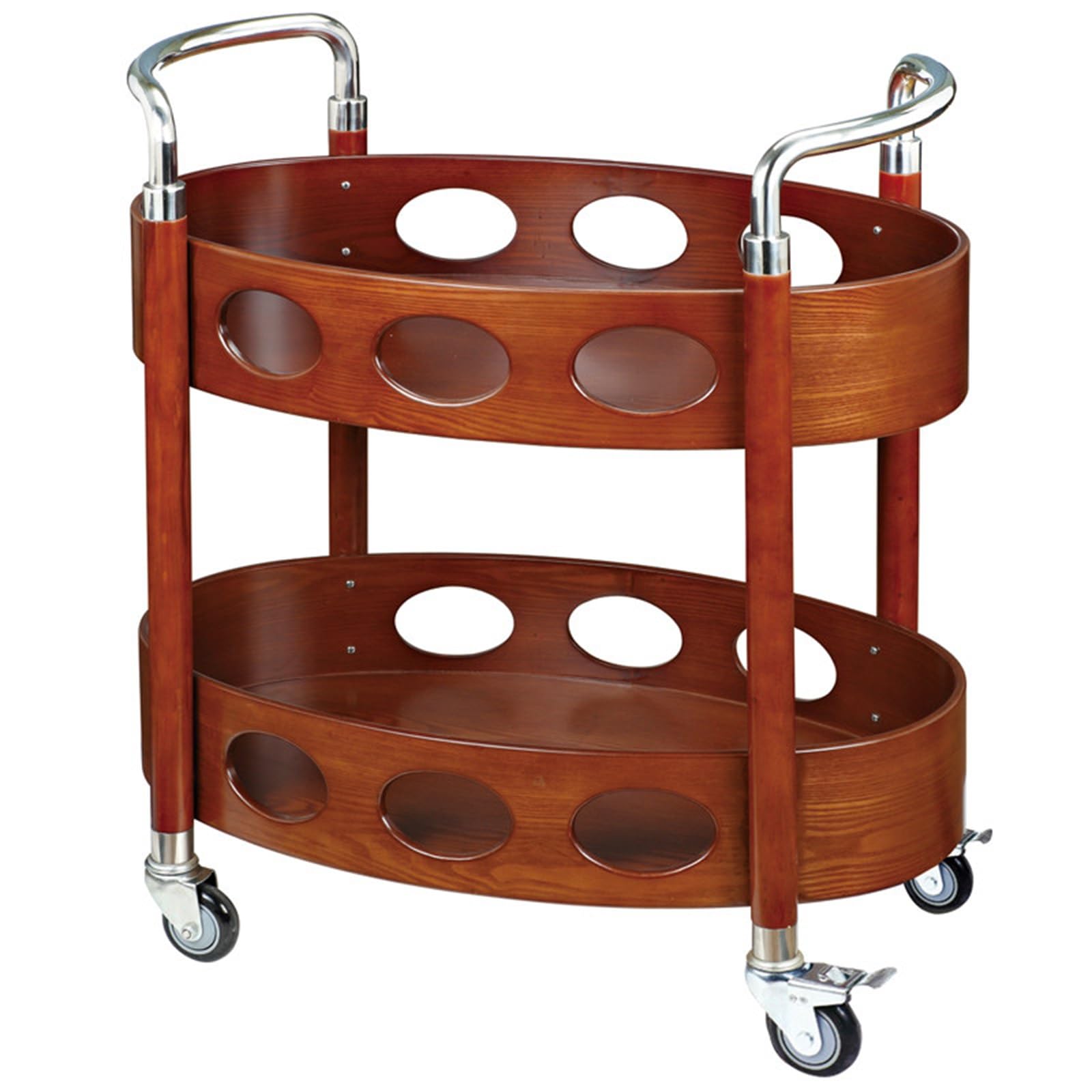 2-Tier Oval Rolling Bar Cart with Raised Guardrail & Stainless Steel Handle, 360° Silent Casters, Mobile Tea Drink Cart for Hotel Restaurant Home Kitchen Party(A)