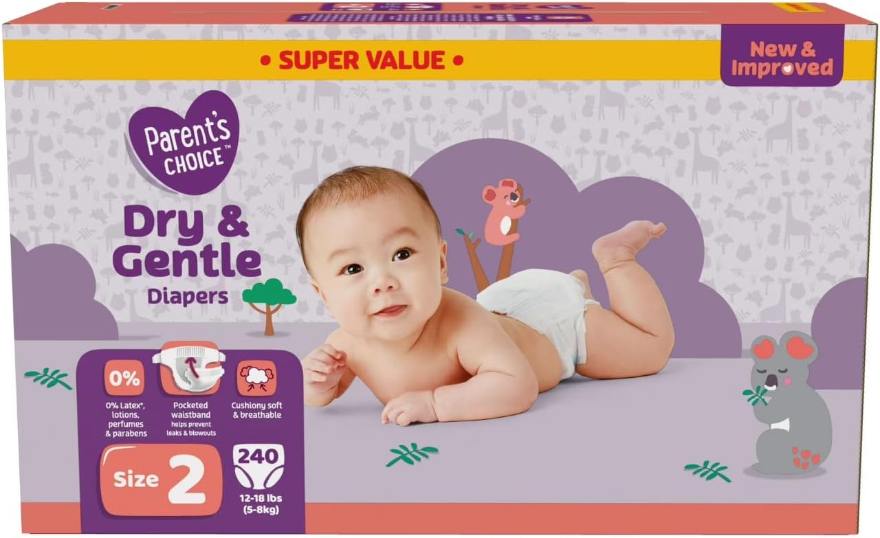 Parent's Choice Diapers, Dry & Gentle Diapers Size 2 (12-18 lbs) - Super Value 240 Count