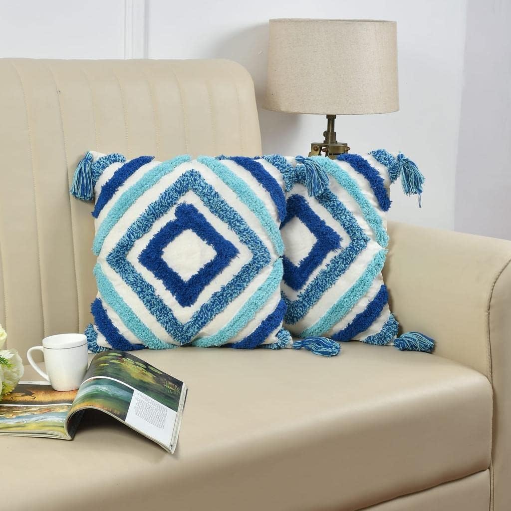 Premium Decorative Throw Cushion Pillow Cover Boho Home Decor - Living Room Bedroom Couch Sofa Cushion Covers 16 inch x 16 inch (1, Blue Squares)