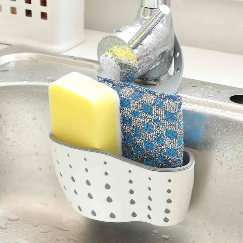 Beige Sink Caddy Organizer Adjustable Hanging Strap Holder for Sponges Brushes Soap Quick-Drain Design Durable Eco-Friendly Material