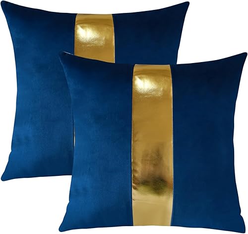 Miniatura 5 de Artscope Juego de 2 fundas de almohada de terciopelo azul marino con costuras de cuero dorado, fundas de cojín cuadradas modernas y minimalistas