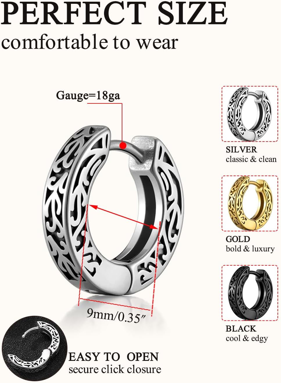 Zysta Hypoallergenic Hoop Earrings for Men Women 316L Stainless Steel Retro Flower Cross Huggie Earrings Mens Hoop Huggie Earrings Ear Piercing Jewelry 14/16mm