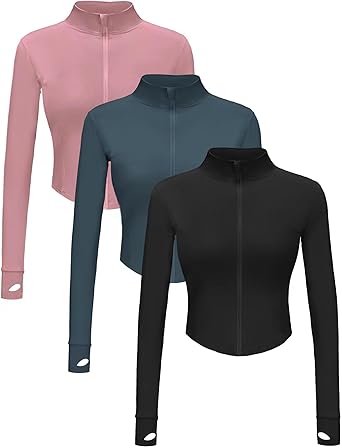 3 Pack Womens Cropped Full Zip up Workout Jacket Slim Fit Running Athletic Gym Yoga Sports Jacket with Thumb Holes