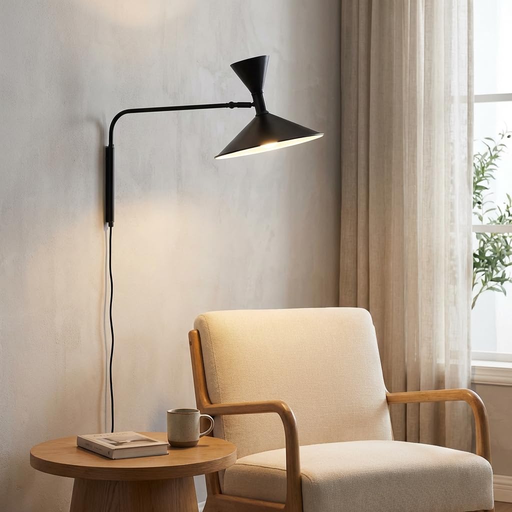 BARCELONA LED Applique Murale Industrielle Grand Modèle 40 cm, Lampe Murale à Bras Articulé, Style Vintage, Abat-jour Métal Noir Intérieur Blanc, Idéal Restaurant, Escalier et Chambre