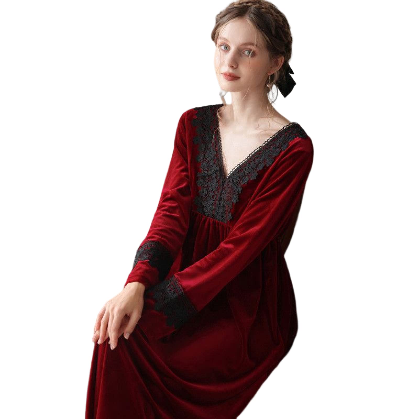 OFFSUM Camicia da Notte Donna - Moda Camicia da Notte A Tinta Unita Pile Scollo A V Pizzo Pigiameria Elegante Primavera Autunno retrò Confortevole Camicia da Notte Lingerie