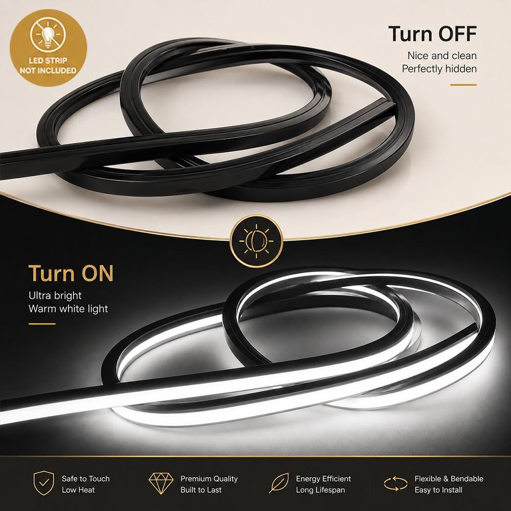 Profilo LED nero, 10 m, striscia LED in silicone flessibile, canale LED 12 × 12 mm, impermeabile IP65, tappi terminali e clip di montaggio, illuminazione al neon fai da te per soffitti