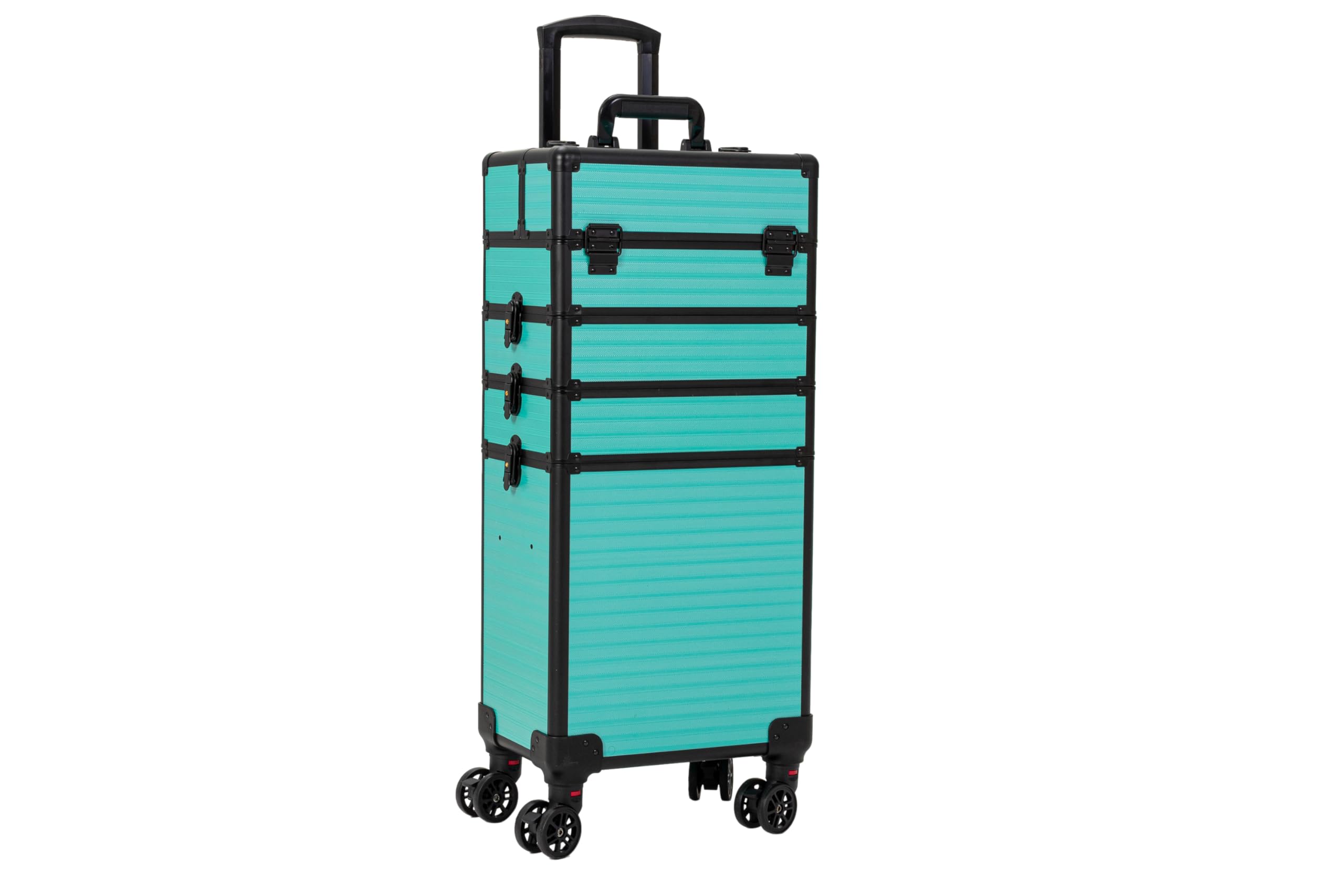 4 in 1 Portable Traveling Aluminum Professional Makeup Trolley Cart with Multiple-Sized Compartments and Wheels (Black with Azure)