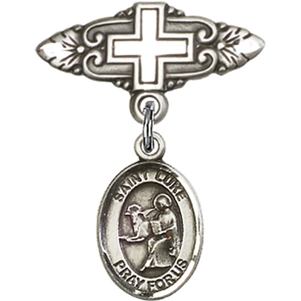 Sterling Silver Baby Badge with St. Luke the Apostle Charm and Badge Pin with Cross 1 X 3/4 inches