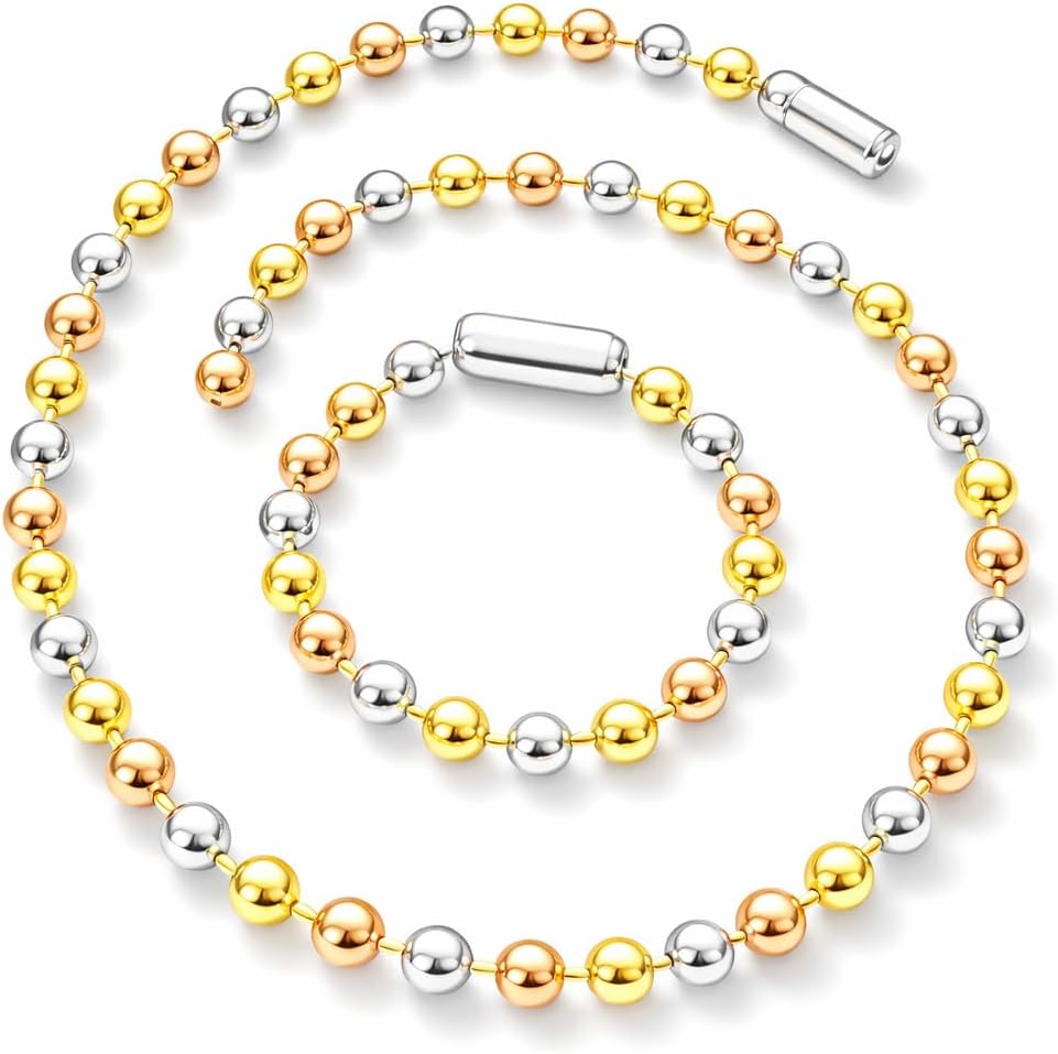 Stainless Steel Tri-Tone Jewelry Set for Women - Rose Gold, Silver & Gold Beaded Chain Necklace and Bracelet Set - minimalist Fashion Jewelry Gift