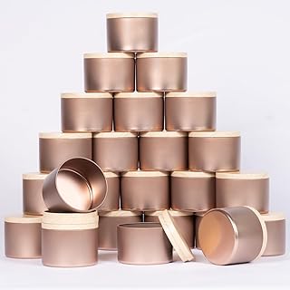 24-Pack 8oz Cylinder Candle Tins with Wood-grain Lids Multi-Purpose Containers for Storage,Aromatherapy Candle Making, Small Plants, Holiday Gifts & Arts & Crafts (Rose Gold)