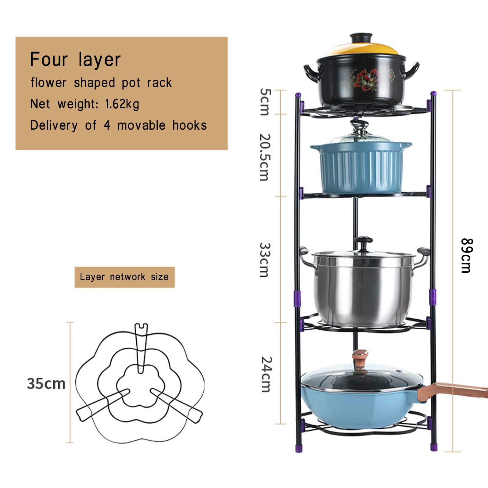 HYPIQQ Pan Stands for Saucepans Stand Pan Stand Kitchen Pans Pots Storage Shelf Organizer Holder Standing Rack Saucepan Stand,Black,4 tiers - Image 2
