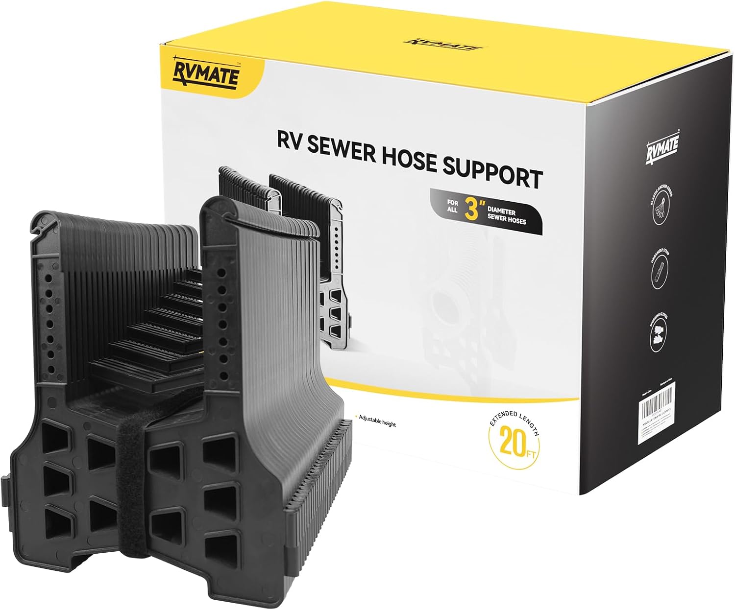 RVMATE RV Sewer Hose Support 20 Feet, Quick Set-up Septic Hose Support Black, Help Dumping Efficiently and Securely, Comes with Gloves and Organization Strap