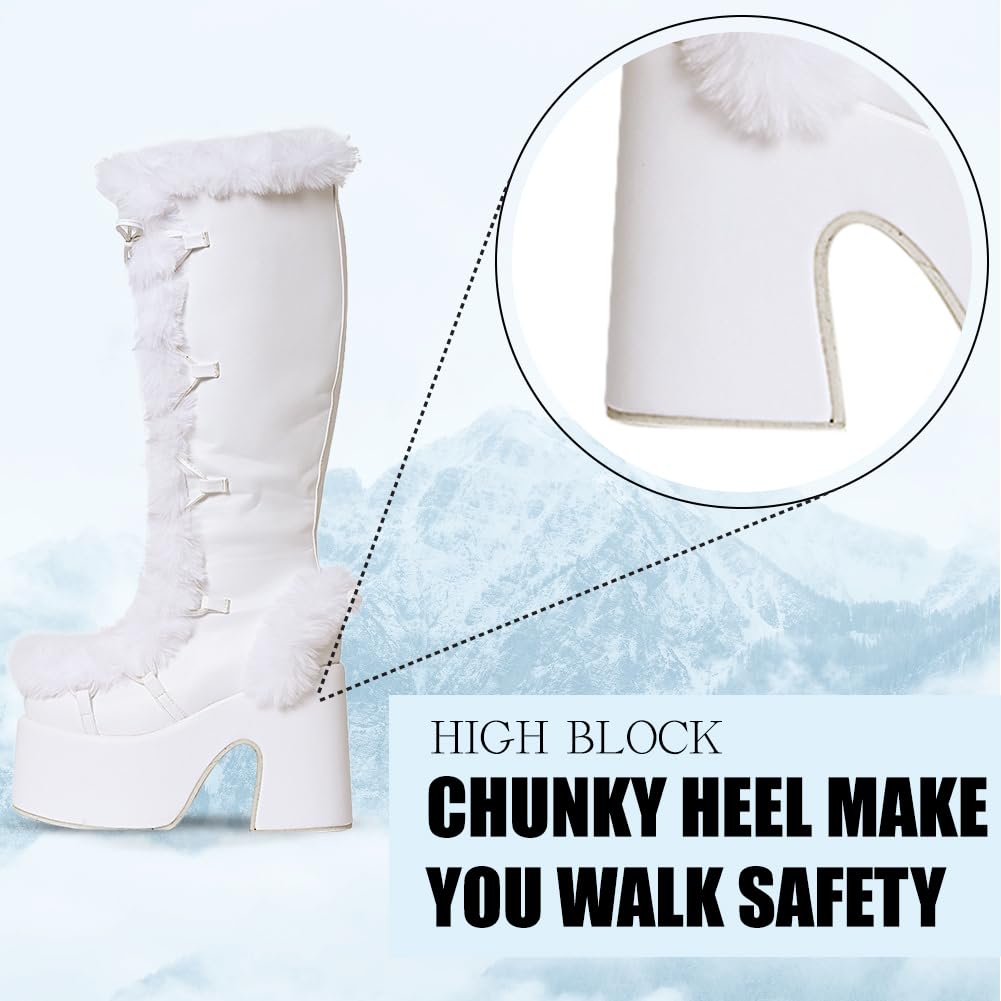 CELNEPHO Knee High Boots For Womens Side Zipper Warm Faux Fur Platform Chunky Heel Punk Goth Walking Winter Snow Boots: 7 A-white