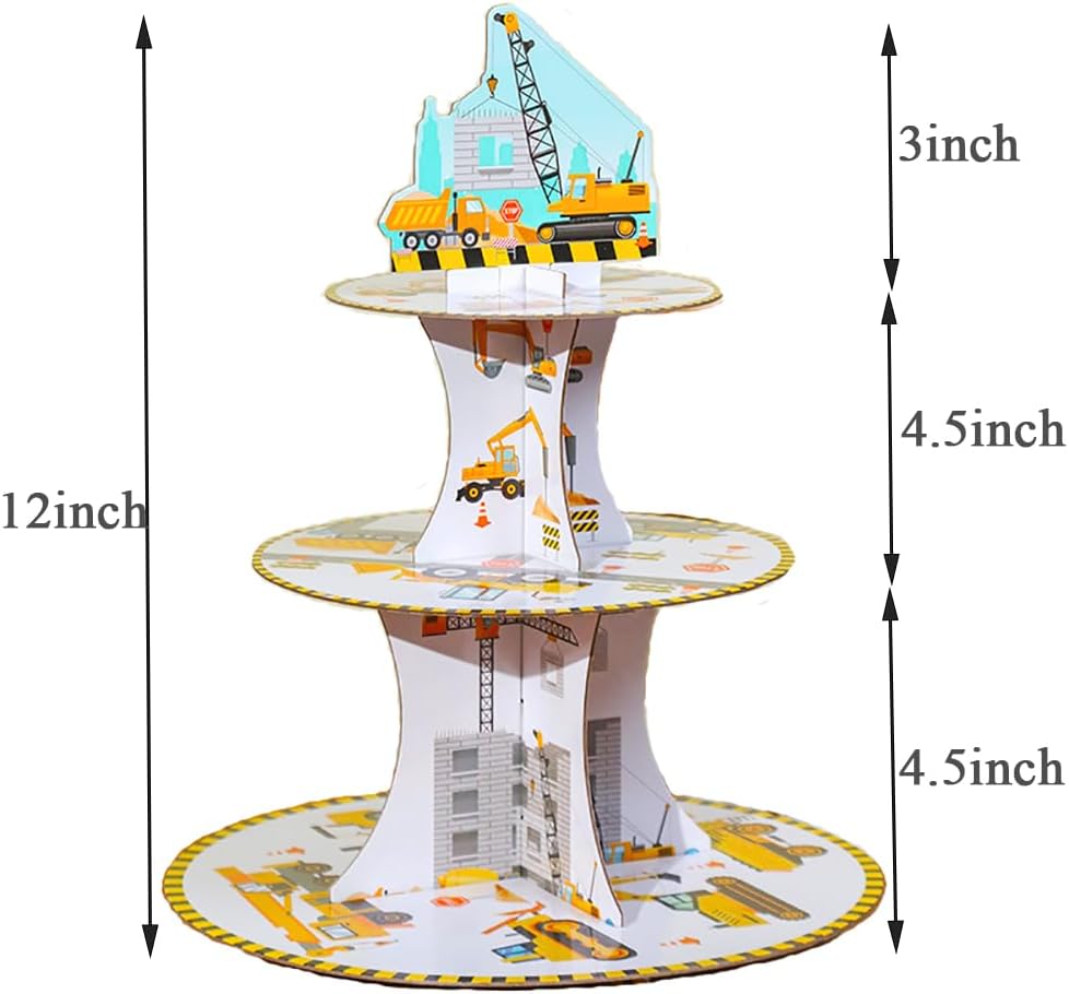 3 Tier Excavator 3D Crane Model Cardboard Cupcake Stand Donuts Dessert Tower Cupcake Holder for Dessert Table Displays,Baby Shower,Construction Theme Birthday Party Decoration Supplies image 2