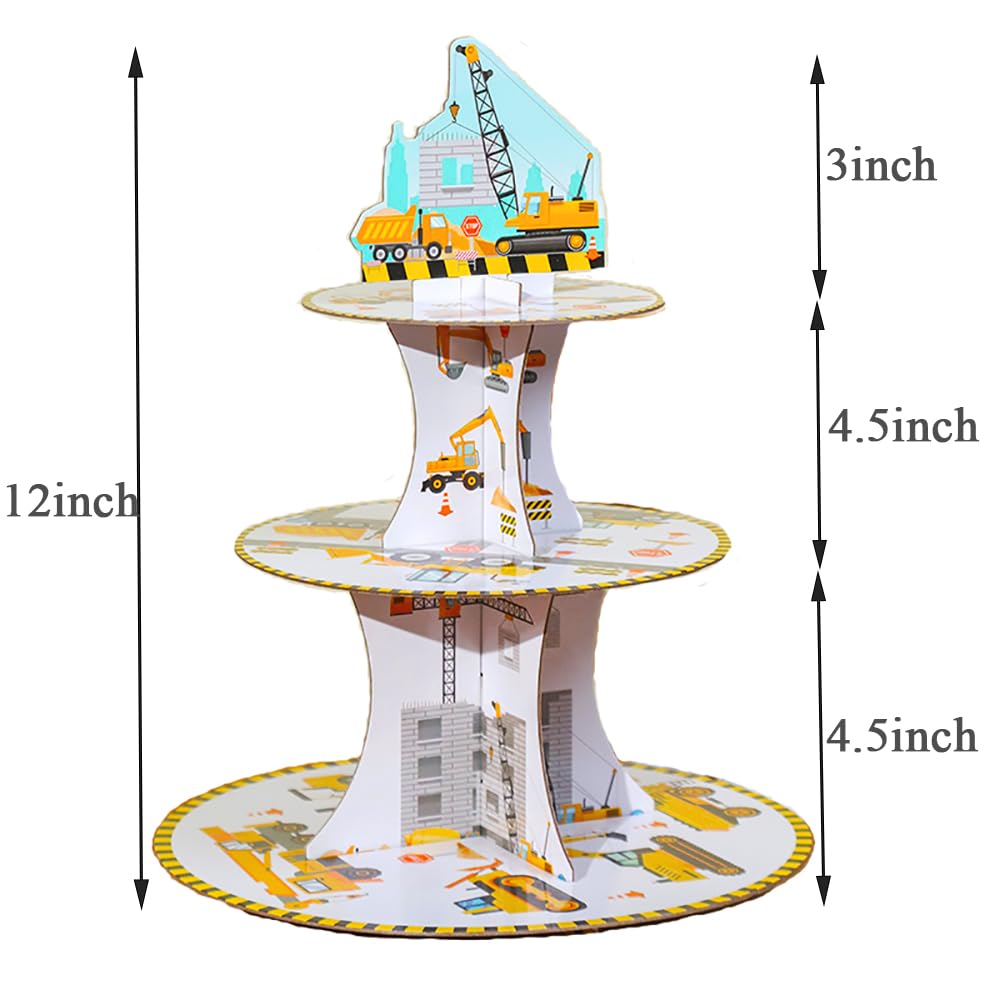Riseason 3 Tier Excavator 3D Crane Model Cardboard Cupcake Stand Donuts Dessert Tower Cupcake Holder for Dessert Table Displays,Baby Shower,Construction Theme Birthday Party Decoration Supplies