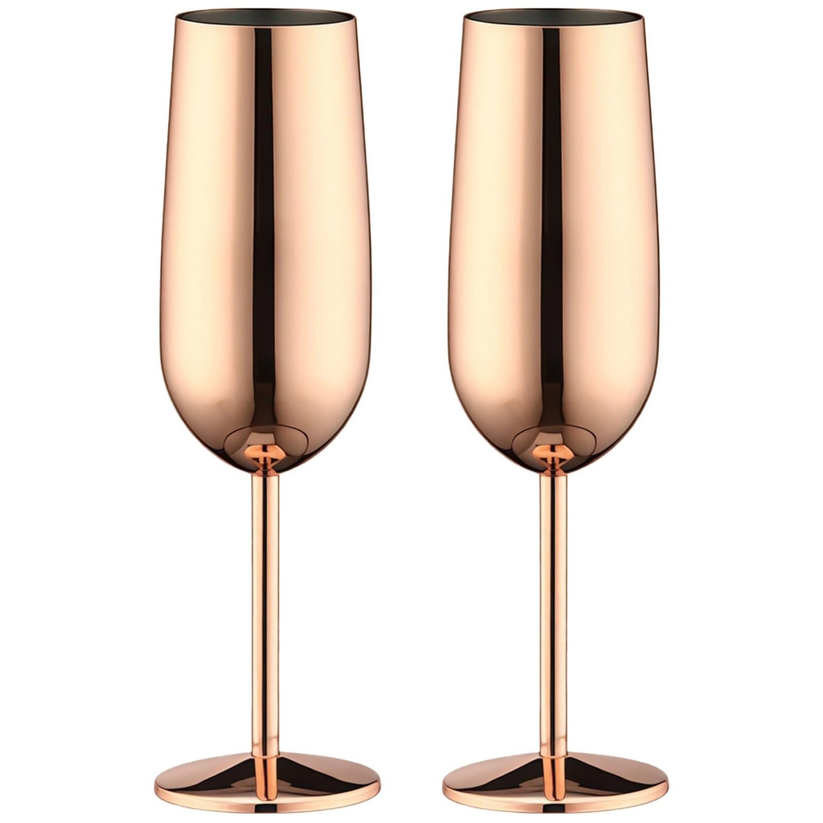 Juego de 2 copas de champán de 8,8 oz (260 ml), copas de boda de acero inoxidable de oro rosa irrompibles, tallo alto Vaso para bebidas