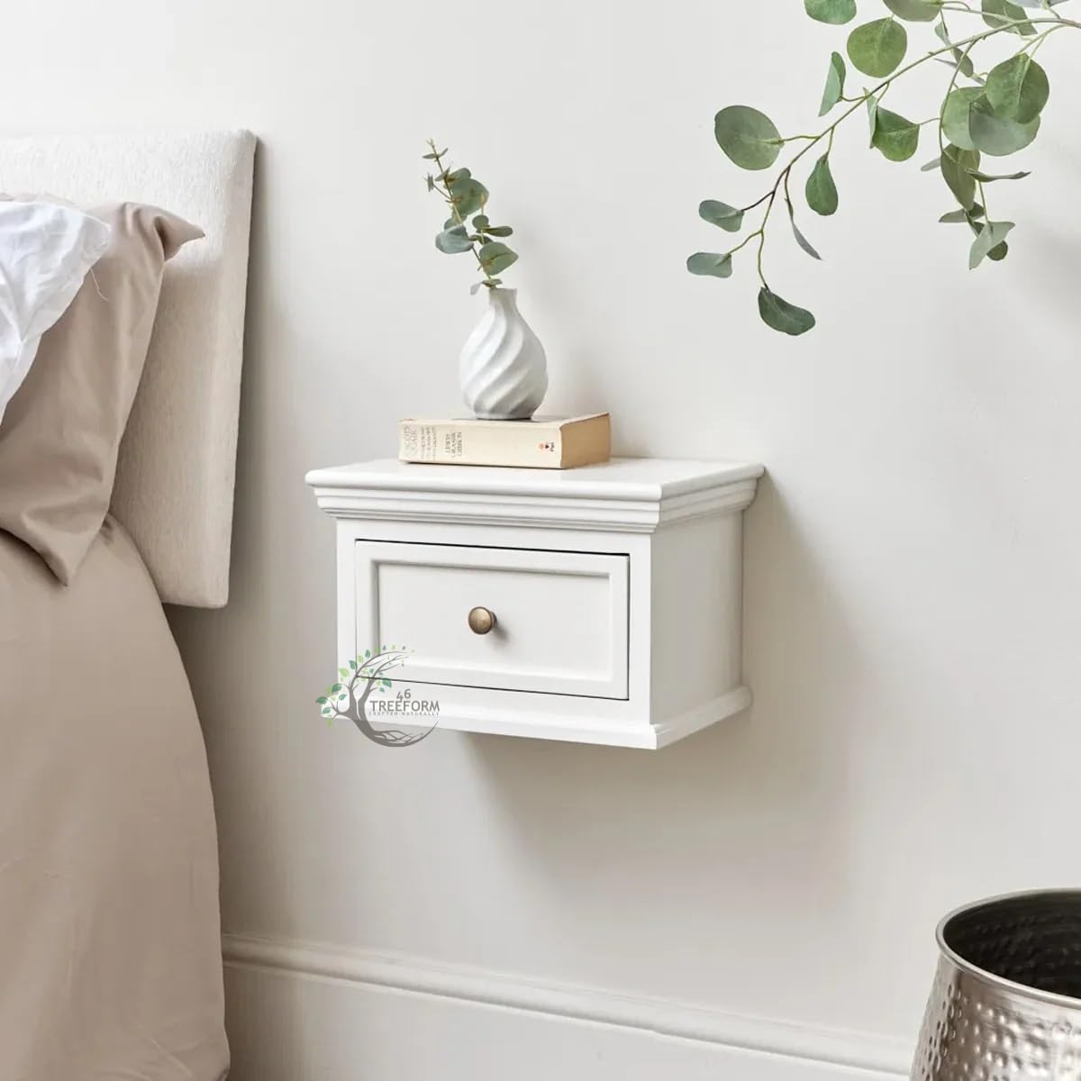 Vintage Georgian Style White Wall-Mounted Bedside Table | Wooden Floating Nightstand with Single Drawer & Brass Handle | Space-Saving Bedroom Furniture (37 x 24 x 25 cm)-image-42