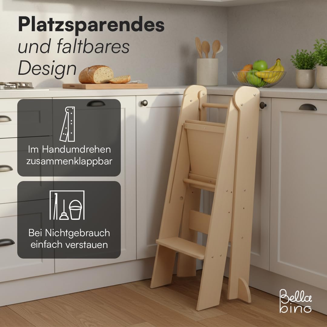 Bellabino Tay Lernturm ab 1 Jahr – Learning Tower 2-Fach höhenverstellbar & klappbar – Lernstuhl in Natur für Kinder – Montessori Stehturm aus Birkenholz – sicherer Tritthocker mit Kippschutz