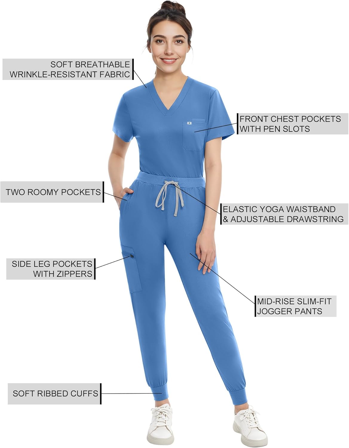 Medical Scrubs Set for Women - Classic V-Neck Top & Jogger Pants with Stretch Nursing Uniform Scrub Suit - Image 3