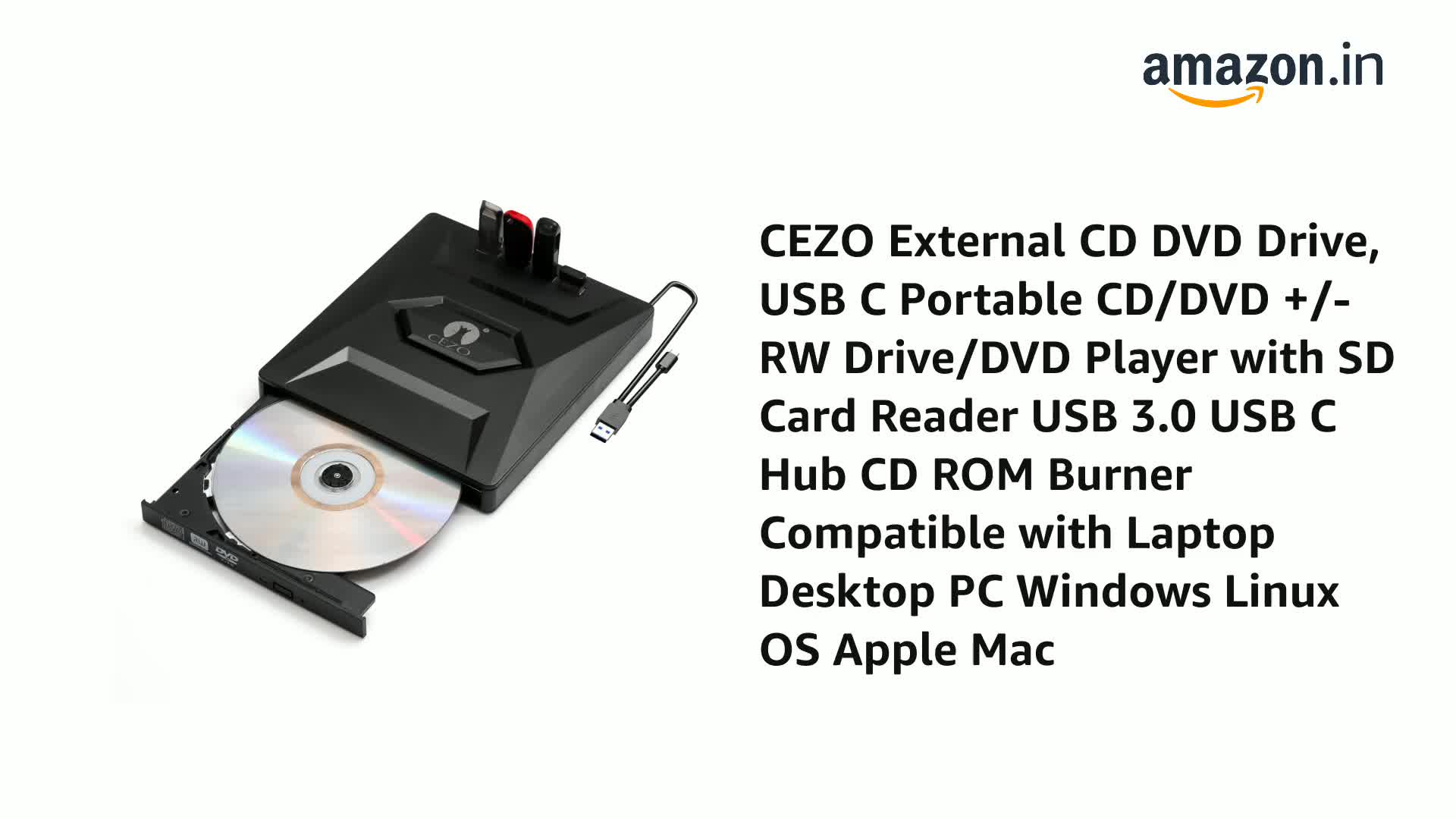 Cezo 7-in-1 External DVD Drive: Portable USB 3.0 & Type-C CD/DVD