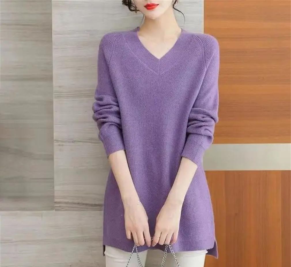 Women Fall Winter V-Neck Loose Knitted Sweater Long Sleeve Casual Ladies Top