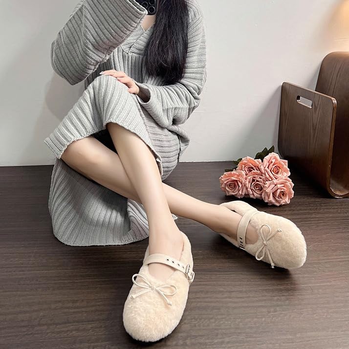 Fur Ballet Flats for Women Mary Jane Flats Buckle Strap Comfy Ballerina Flat Shoes Cute Casual Faux Fur Shoes3