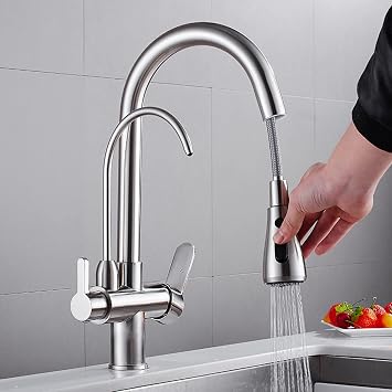 3 Way Kitchen Tap Pull Out Spray Kitchen Sink Mixer with 2 Modes Spray High Arc Gooseneck Kitchen Mixer Taps 3 in 1 Water Filter Tap 360  Rotatable,Brushed Nickel